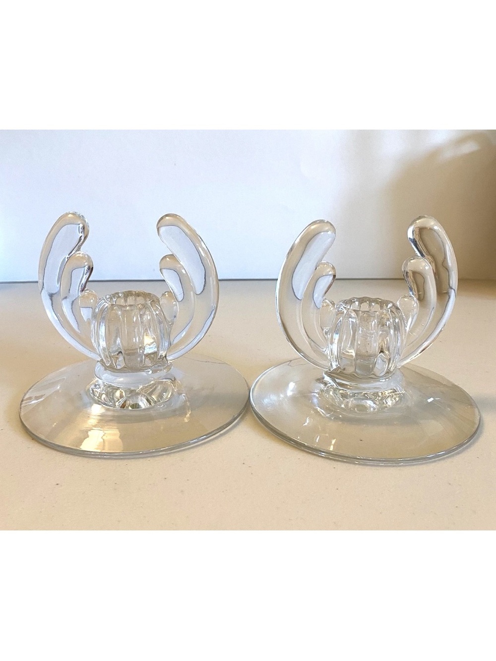 VTG Pair of Heisey Crystolite clear Glass Sculptural Candle Holders MCM